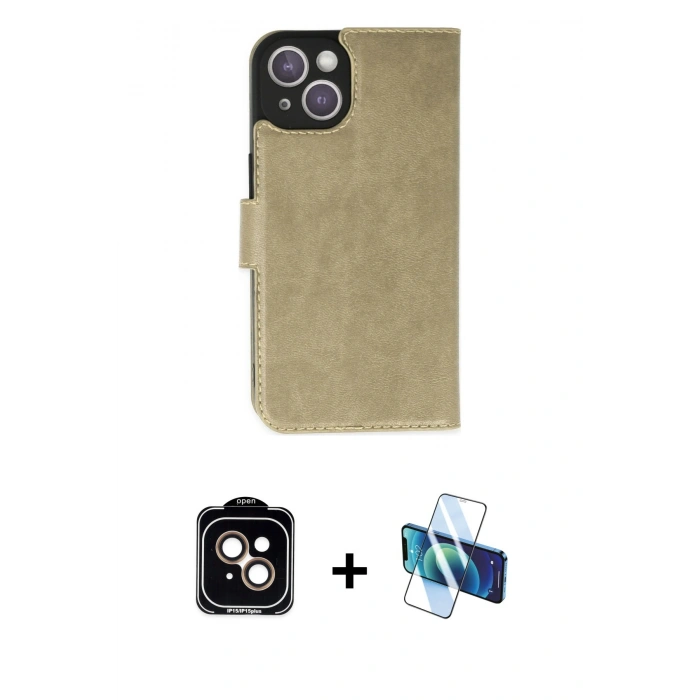 MARSİLYAN™- iPhone 14 Kılıf Siluet Işık Serisi - Siyah 3D Antistatik Cam Ekran Koruyucu + PVD Metal Kamera Lens - TU