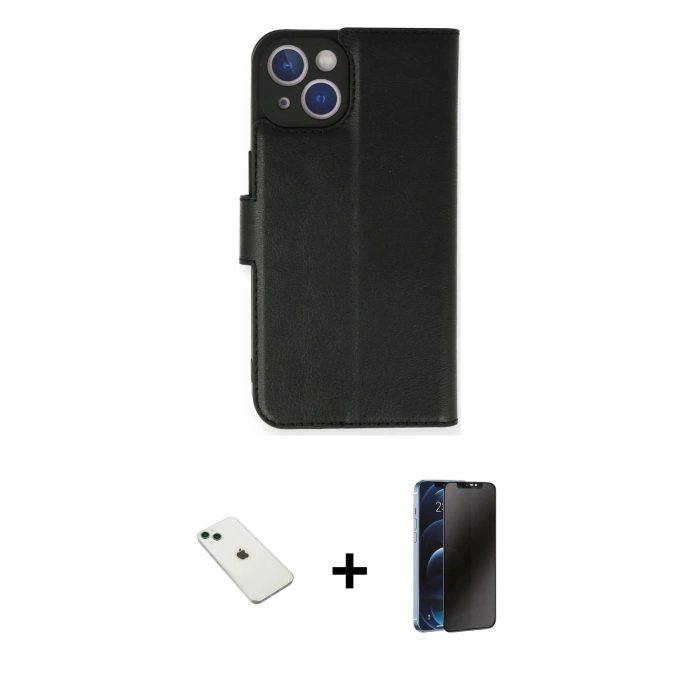 MARSİLYAN™- iPhone 14 Kılıf Siluet Işık Serisi - Siyah 3D Antistatik Hayalet Cam Ekran Koruyucu + Diamond Kamera Lens - YL