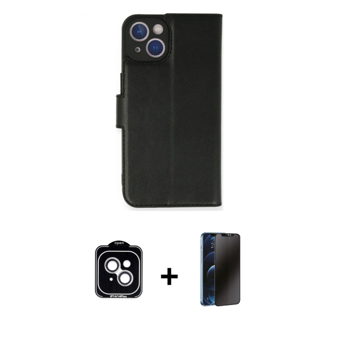 MARSİLYAN™- iPhone 14 Kılıf Siluet Işık Serisi - Siyah 3D Antistatik Hayalet Cam Ekran Koruyucu + PVD Metal Kamera Lens - GS