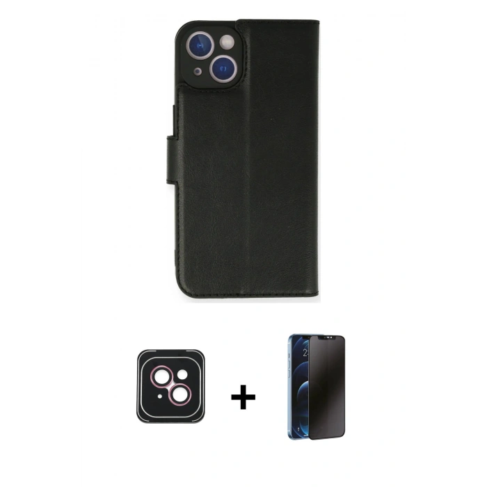 MARSİLYAN™- iPhone 14 Kılıf Siluet Işık Serisi - Siyah 3D Antistatik Hayalet Cam Ekran Koruyucu + PVD Metal Kamera Lens - PE