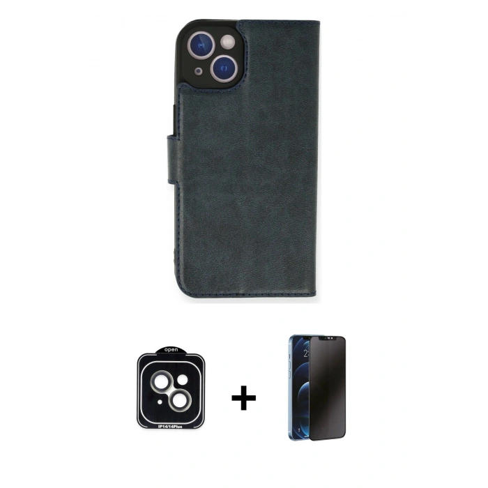 MARSİLYAN™- iPhone 14 Kılıf Siluet Işık Serisi - Siyah 3D Antistatik Hayalet Cam Ekran Koruyucu + PVD Metal Kamera Lens - YL