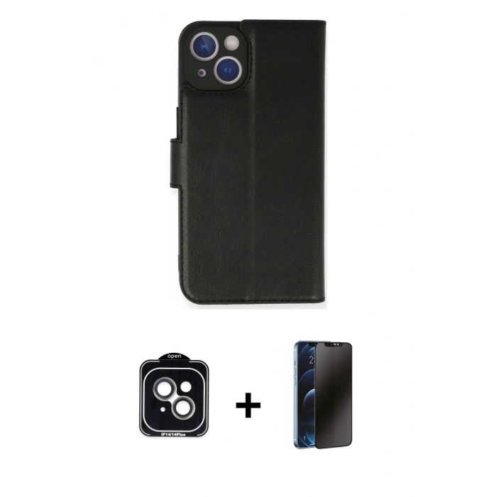 MARSİLYAN™- iPhone 14 Kılıf Siluet Işık Serisi - Siyah 3D Antistatik Hayalet Cam Ekran Koruyucu + PVD Metal Kamera Lens - YL
