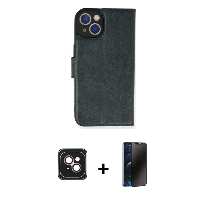 MARSİLYAN™- iPhone 14 Kılıf Siluet Işık Serisi - Siyah 3D Antistatik Hayalet Cam Ekran Koruyucu + PVD Metal Kamera Lens - PE