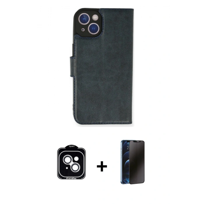 MARSİLYAN™- iPhone 14 Kılıf Siluet Işık Serisi - Siyah 3D Antistatik Hayalet Cam Ekran Koruyucu + PVD Metal Kamera Lens - GS