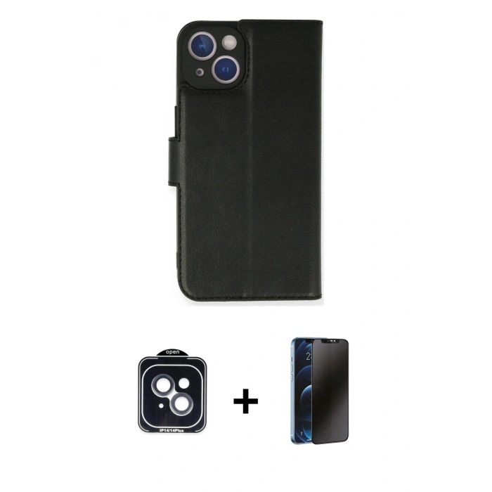 MARSİLYAN™- iPhone 14 Kılıf Siluet Işık Serisi - Siyah 3D Antistatik Hayalet Cam Ekran Koruyucu + PVD Metal Kamera Lens - SH