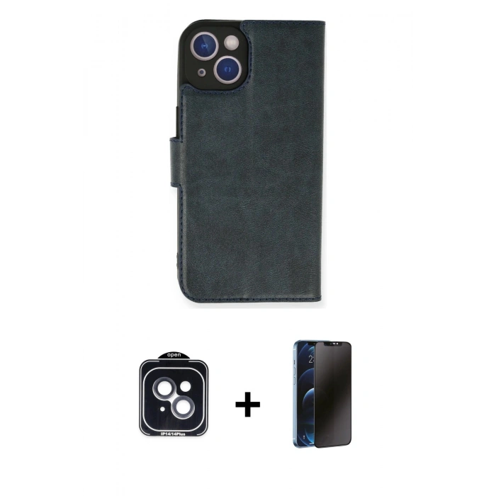MARSİLYAN™- iPhone 14 Kılıf Siluet Işık Serisi - Siyah 3D Antistatik Hayalet Cam Ekran Koruyucu + PVD Metal Kamera Lens - SH