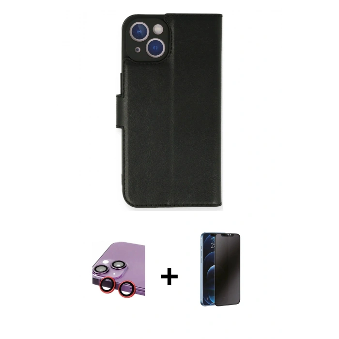 MARSİLYAN™- iPhone 14 Kılıf Siluet Işık Serisi - Siyah 3D Antistatik Hayalet Cam Ekran Koruyucu + Raze Metal Kamera Lens - KI
