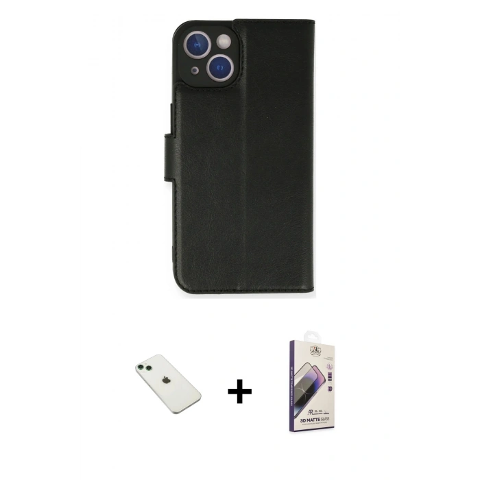 MARSİLYAN™- iPhone 14 Kılıf Siluet Işık Serisi - Siyah Bilvis 3D Mat Cam Ekran Koruyucu + Diamond Kamera Lens - YL