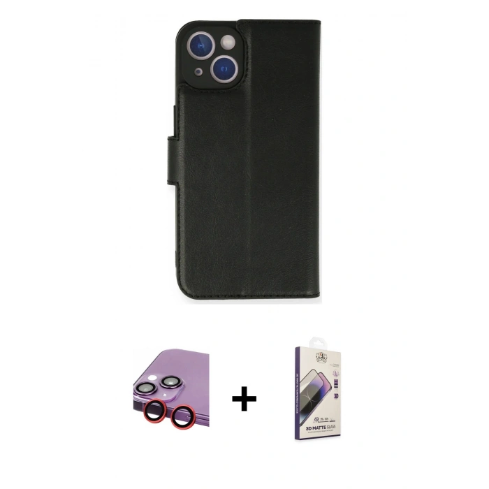 MARSİLYAN™- iPhone 14 Kılıf Siluet Işık Serisi - Siyah Bilvis 3D Mat Cam Ekran Koruyucu + Raze Metal Kamera Lens - KI