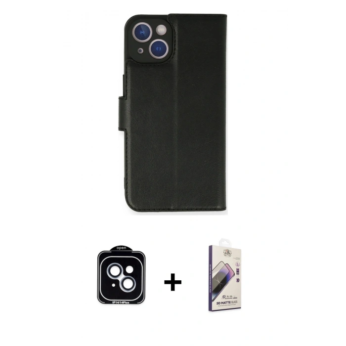 MARSİLYAN™- iPhone 14 Kılıf Siluet Işık Serisi - Siyah Bilvis 3D Mat Cam Ekran Koruyucu + PVD Metal Kamera Lens - MI