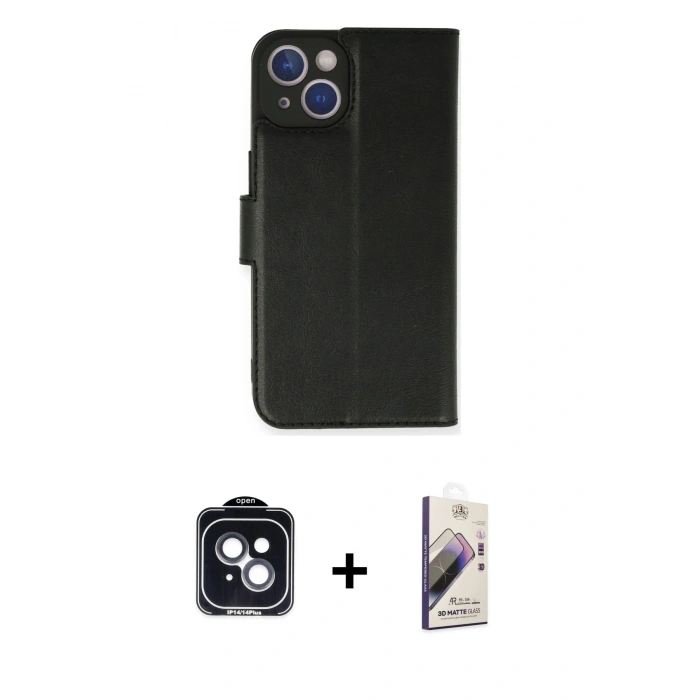 MARSİLYAN™- iPhone 14 Kılıf Siluet Işık Serisi - Siyah Bilvis 3D Mat Cam Ekran Koruyucu + PVD Metal Kamera Lens - SH