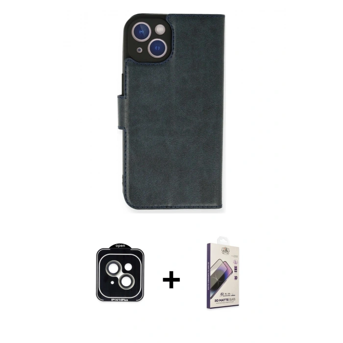 MARSİLYAN™- iPhone 14 Kılıf Siluet Işık Serisi - Siyah Bilvis 3D Mat Cam Ekran Koruyucu + PVD Metal Kamera Lens - YL