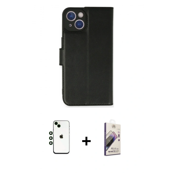MARSİLYAN™- iPhone 14 Kılıf Siluet Işık Serisi - Siyah Bilvis 3D Mat Cam Ekran Koruyucu + Shine Kamera Lens - YL