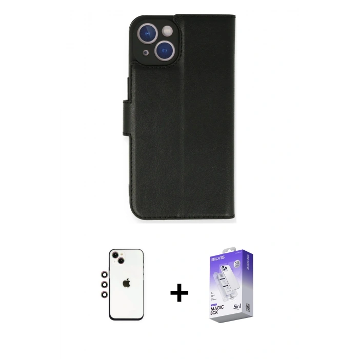 MARSİLYAN™- iPhone 14 Kılıf Siluet Işık Serisi - Siyah Bilvis 5in1 3D Magic Cam Ekran Koruyucu + Shine Kamera Lens - GI