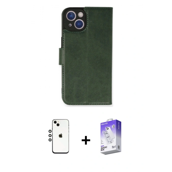 MARSİLYAN™- iPhone 14 Kılıf Siluet Işık Serisi - Siyah Bilvis 5in1 3D Magic Cam Ekran Koruyucu + Gümüş Shine Kamera Lens
