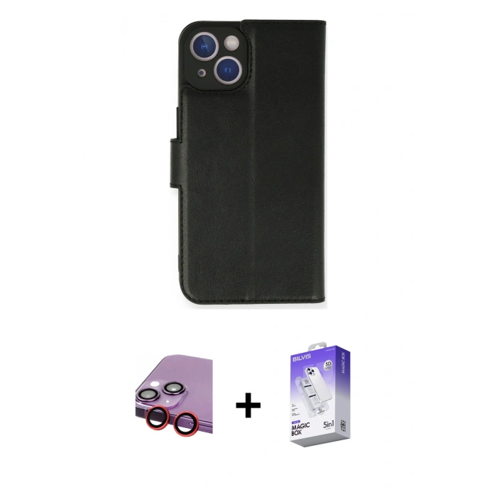 MARSİLYAN™- iPhone 14 Kılıf Siluet Işık Serisi - Siyah Bilvis 5in1 3D Magic Cam Ekran Koruyucu + Raze Metal Kamera Lens - KI