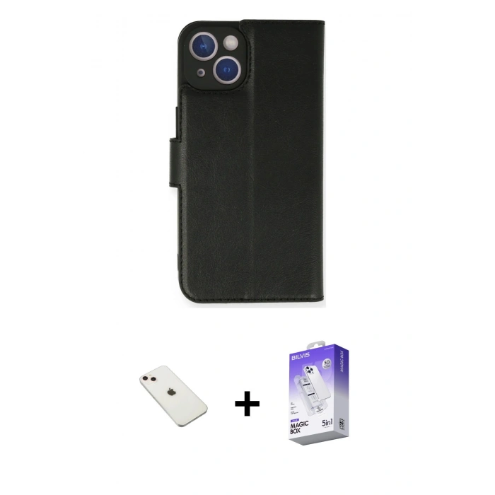 MARSİLYAN™- iPhone 14 Kılıf Siluet Işık Serisi - Siyah Bilvis 5in1 3D Magic Cam Ekran Koruyucu + Pembe Diamond Kamera Lens
