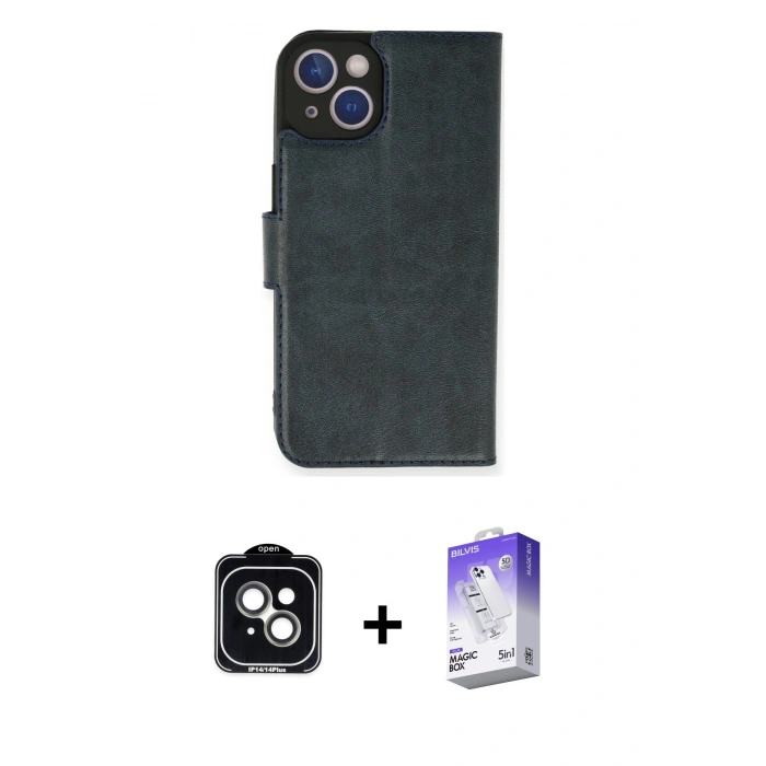 MARSİLYAN™- iPhone 14 Kılıf Siluet Işık Serisi - Siyah Bilvis 5in1 3D Magic Cam Ekran Koruyucu + PVD Metal Kamera Lens - YL
