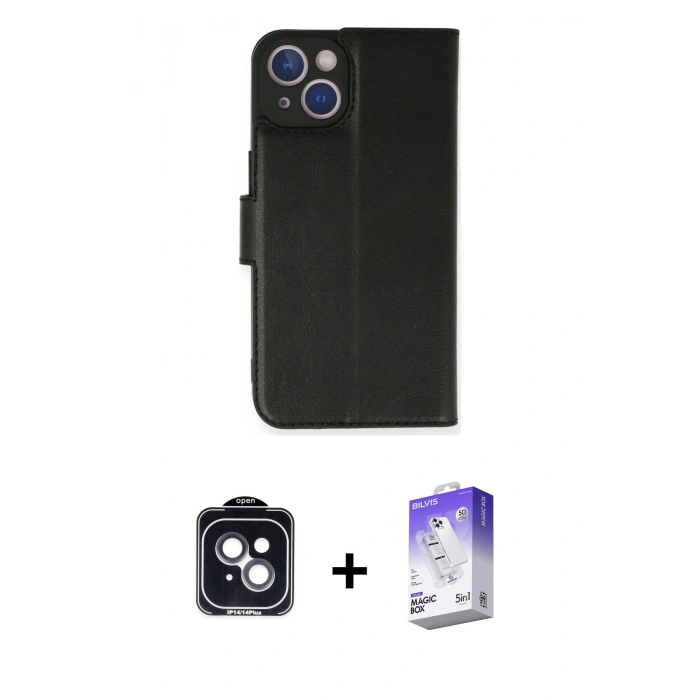 MARSİLYAN™- iPhone 14 Kılıf Siluet Işık Serisi - Siyah Bilvis 5in1 3D Magic Cam Ekran Koruyucu + PVD Metal Kamera Lens - SH