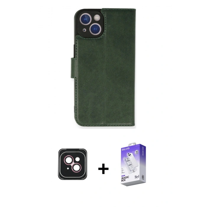MARSİLYAN™- iPhone 14 Kılıf Siluet Işık Serisi - Siyah Bilvis 5in1 3D Magic Cam Ekran Koruyucu + PVD Metal Kamera Lens - PE