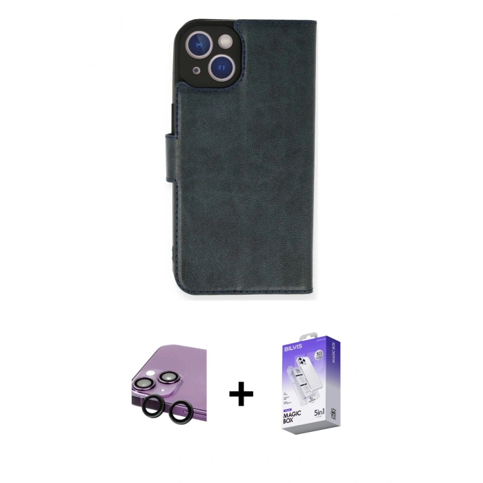 MARSİLYAN™- iPhone 14 Kılıf Siluet Işık Serisi - Siyah Bilvis 5in1 3D Magic Cam Ekran Koruyucu + Raze Metal Kamera Lens - SH