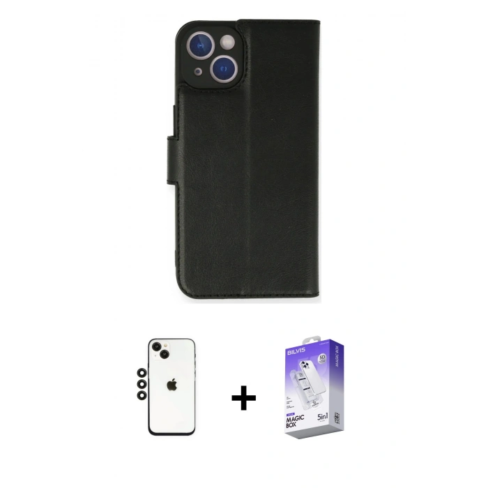 MARSİLYAN™- iPhone 14 Kılıf Siluet Işık Serisi - Siyah Bilvis 5in1 3D Magic Cam Ekran Koruyucu + Siyah Shine Kamera Lens