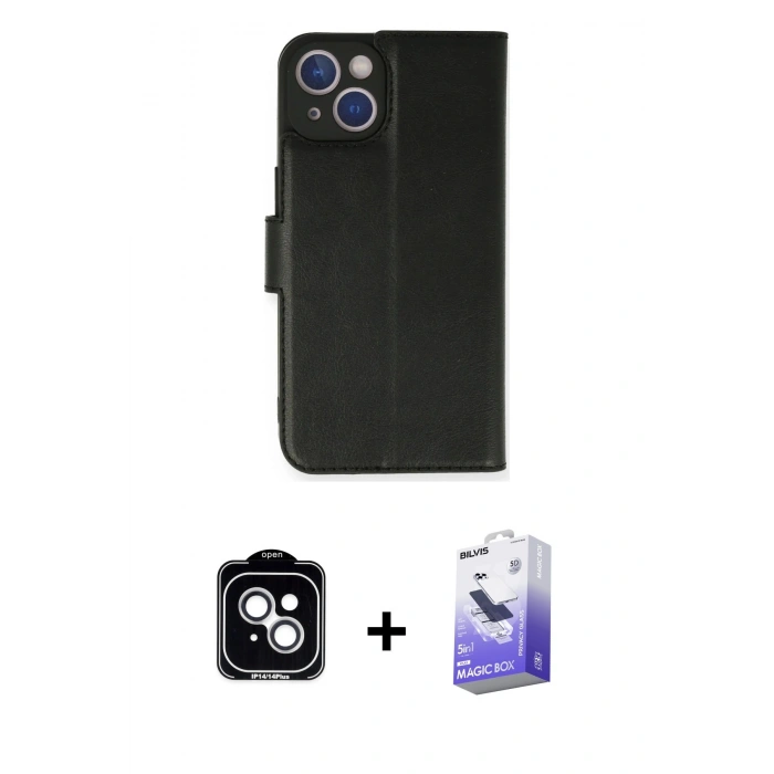 MARSİLYAN™- iPhone 14 Kılıf Siluet Işık Serisi - Siyah Bilvis 5in1 5D Magic Hayalet Cam Ekran Koruyucu + PVD Metal Kamera Lens - GS