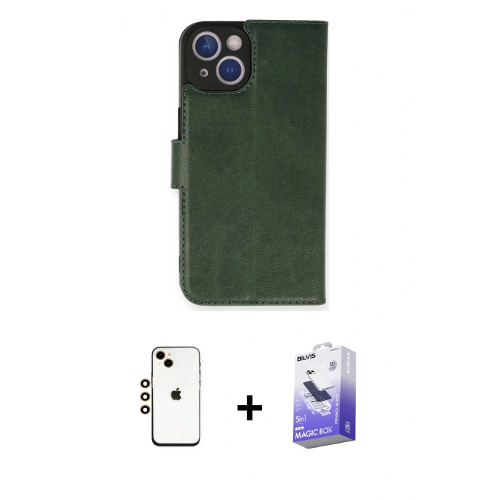 MARSİLYAN™- iPhone 14 Kılıf Siluet Işık Serisi - Siyah Bilvis 5in1 5D Magic Hayalet Cam Ekran Koruyucu + Gold Shine Kamera Lens