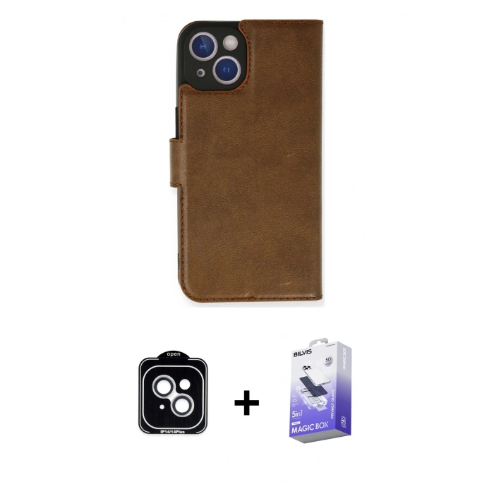 MARSİLYAN™- iPhone 14 Kılıf Siluet Işık Serisi - Siyah Bilvis 5in1 5D Magic Hayalet Cam Ekran Koruyucu + PVD Metal Kamera Lens - GS