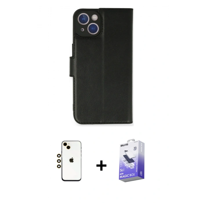 MARSİLYAN™- iPhone 14 Kılıf Siluet Işık Serisi - Siyah Bilvis 5in1 5D Magic Hayalet Cam Ekran Koruyucu + Gold Shine Kamera Lens