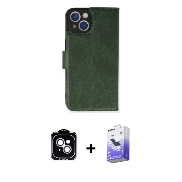 MARSİLYAN™- iPhone 14 Kılıf Siluet Işık Serisi - Siyah Bilvis 5in1 5D Magic Hayalet Cam Ekran Koruyucu + PVD Metal Kamera Lens - GS