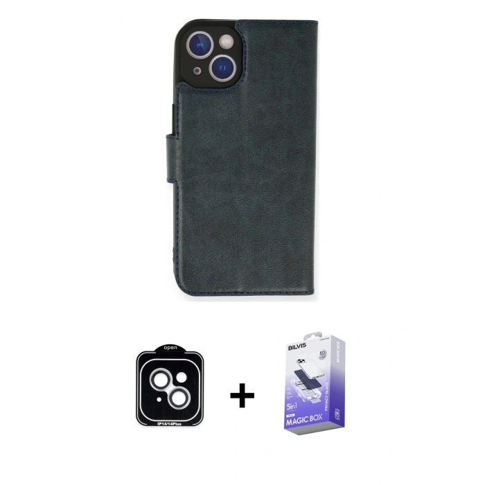 MARSİLYAN™- iPhone 14 Kılıf Siluet Işık Serisi - Siyah Bilvis 5in1 5D Magic Hayalet Cam Ekran Koruyucu + PVD Metal Kamera Lens - GS
