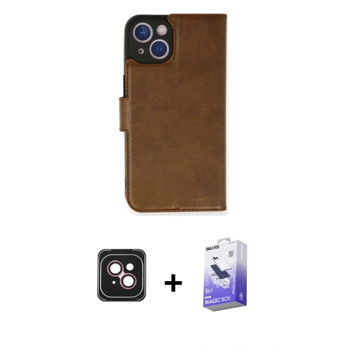 MARSİLYAN™- iPhone 14 Kılıf Siluet Işık Serisi - Siyah Bilvis 5in1 5D Magic Hayalet Cam Ekran Koruyucu + PVD Metal Kamera Lens - PE