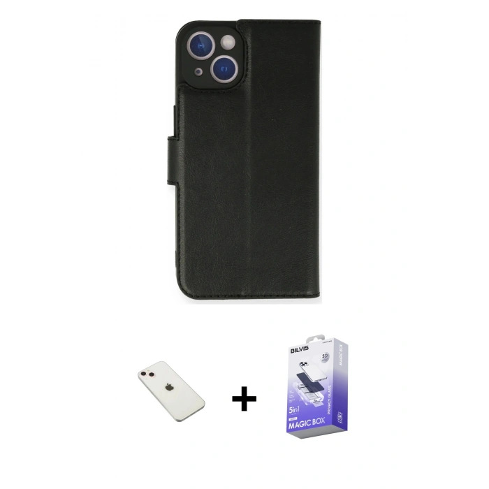 MARSİLYAN™- iPhone 14 Kılıf Siluet Işık Serisi - Siyah Bilvis 5in1 5D Magic Hayalet Cam Ekran Koruyucu + Diamond Kamera Lens - PE