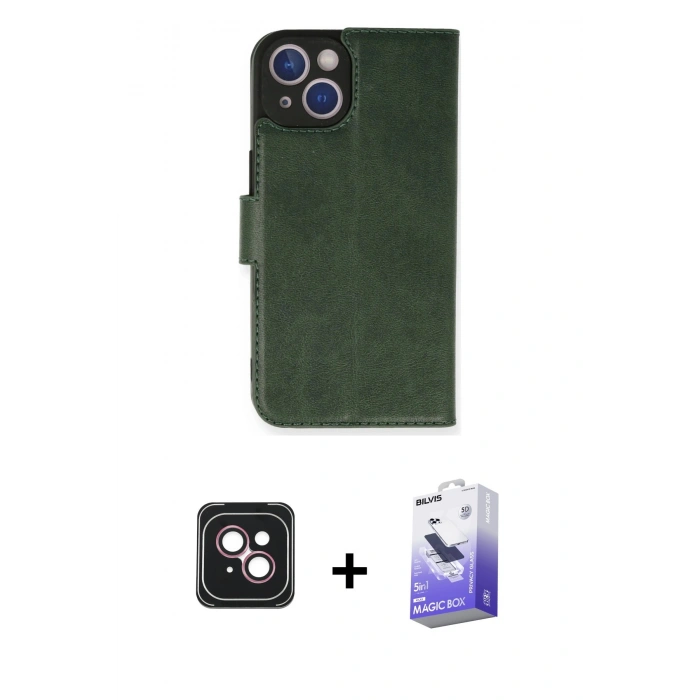 MARSİLYAN™- iPhone 14 Kılıf Siluet Işık Serisi - Siyah Bilvis 5in1 5D Magic Hayalet Cam Ekran Koruyucu + PVD Metal Kamera Lens - PE