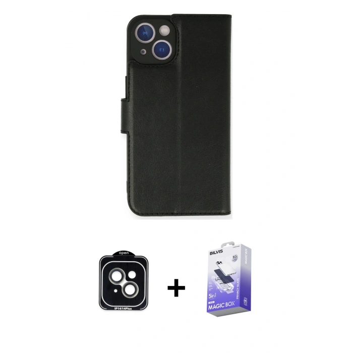 MARSİLYAN™- iPhone 14 Kılıf Siluet Işık Serisi - Siyah Bilvis 5in1 5D Magic Hayalet Cam Ekran Koruyucu + PVD Metal Kamera Lens - YL