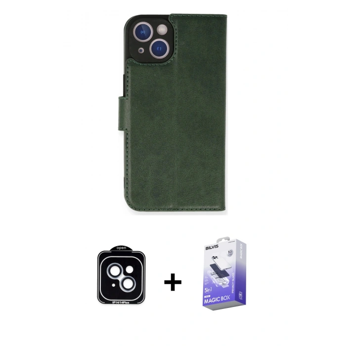 MARSİLYAN™- iPhone 14 Kılıf Siluet Işık Serisi - Siyah Bilvis 5in1 5D Magic Hayalet Cam Ekran Koruyucu + PVD Metal Kamera Lens - MI