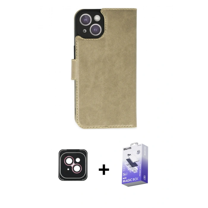 MARSİLYAN™- iPhone 14 Kılıf Siluet Işık Serisi - Siyah Bilvis 5in1 5D Magic Hayalet Cam Ekran Koruyucu + PVD Metal Kamera Lens - PE