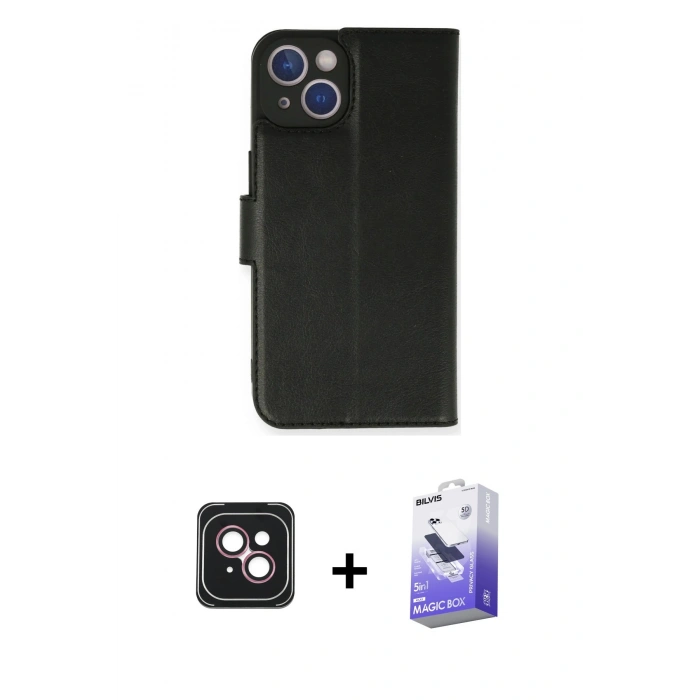 MARSİLYAN™- iPhone 14 Kılıf Siluet Işık Serisi - Siyah Bilvis 5in1 5D Magic Hayalet Cam Ekran Koruyucu + PVD Metal Kamera Lens - PE