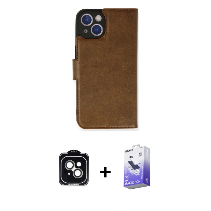 MARSİLYAN™- iPhone 14 Kılıf Siluet Işık Serisi - Siyah Bilvis 5in1 5D Magic Hayalet Cam Ekran Koruyucu + PVD Metal Kamera Lens - YL