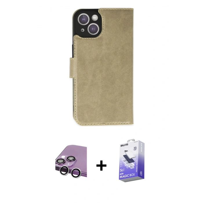 MARSİLYAN™- iPhone 14 Kılıf Siluet Işık Serisi - Siyah Bilvis 5in1 5D Magic Hayalet Cam Ekran Koruyucu + Raze Metal Kamera Lens - GS