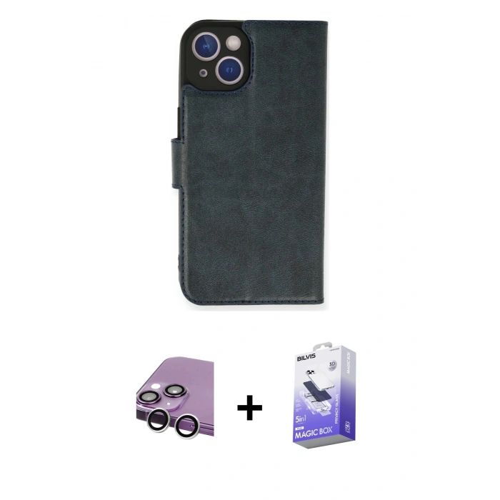 MARSİLYAN™- iPhone 14 Kılıf Siluet Işık Serisi - Siyah Bilvis 5in1 5D Magic Hayalet Cam Ekran Koruyucu + Raze Metal Kamera Lens - GS