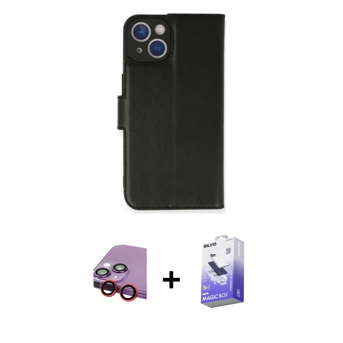 MARSİLYAN™- iPhone 14 Kılıf Siluet Işık Serisi - Siyah Bilvis 5in1 5D Magic Hayalet Cam Ekran Koruyucu + Raze Metal Kamera Lens - KI