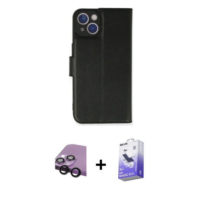 MARSİLYAN™- iPhone 14 Kılıf Siluet Işık Serisi - Siyah Bilvis 5in1 5D Magic Hayalet Cam Ekran Koruyucu + Raze Metal Kamera Lens - SH