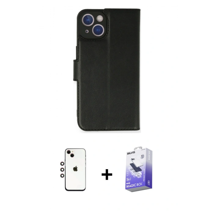 MARSİLYAN™- iPhone 14 Kılıf Siluet Işık Serisi - Siyah Bilvis 5in1 5D Magic Hayalet Cam Ekran Koruyucu + Shine Kamera Lens - GI