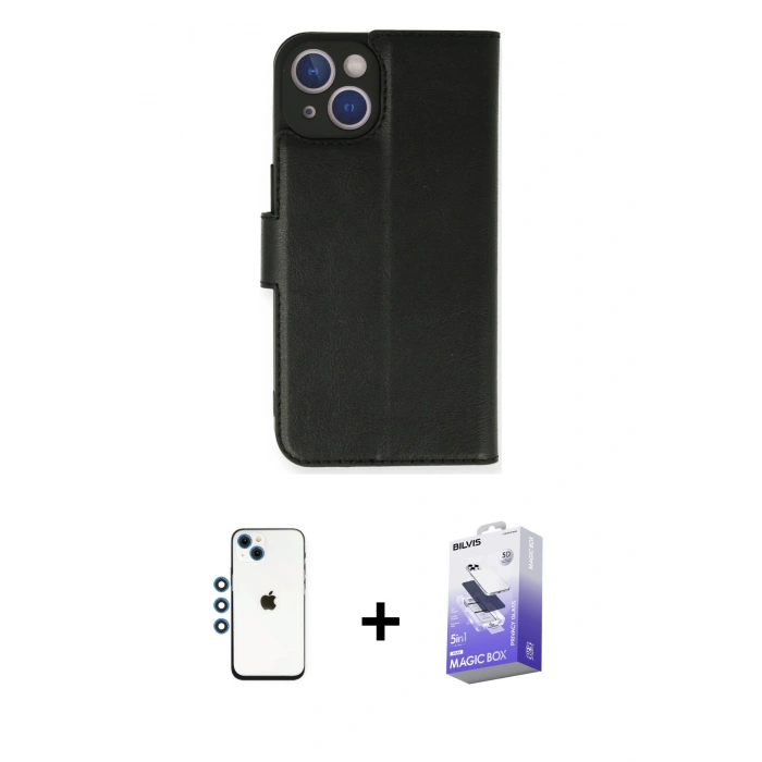 MARSİLYAN™- iPhone 14 Kılıf Siluet Işık Serisi - Siyah Bilvis 5in1 5D Magic Hayalet Cam Ekran Koruyucu + Shine Kamera Lens - MI