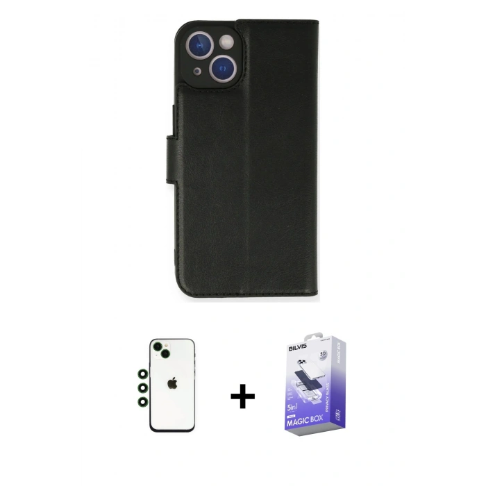 MARSİLYAN™- iPhone 14 Kılıf Siluet Işık Serisi - Siyah Bilvis 5in1 5D Magic Hayalet Cam Ekran Koruyucu + Shine Kamera Lens - YL