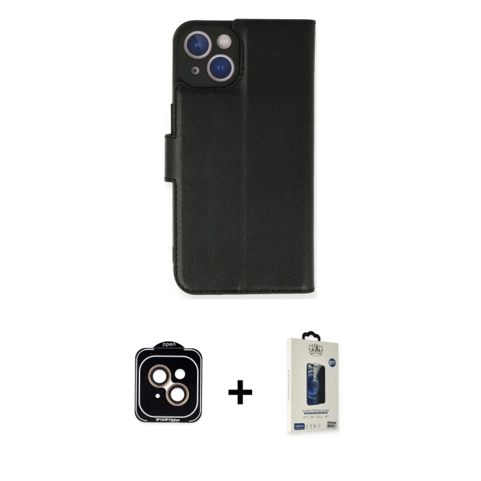 MARSİLYAN™- iPhone 14 Kılıf Siluet Işık Serisi - Siyah Bilvis Hayalet Cam Ekran Koruyucu + PVD Metal Kamera Lens - TU