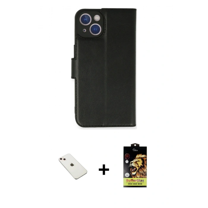 MARSİLYAN™- iPhone 14 Kılıf Siluet Işık Serisi - Siyah Buffer Cam Ekran Koruyucu + Diamond Kamera Lens - PE