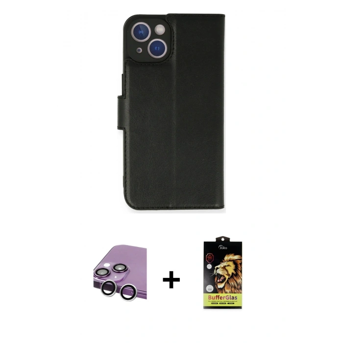 MARSİLYAN™- iPhone 14 Kılıf Siluet Işık Serisi - Siyah Buffer Cam Ekran Koruyucu + Raze Metal Kamera Lens - GS